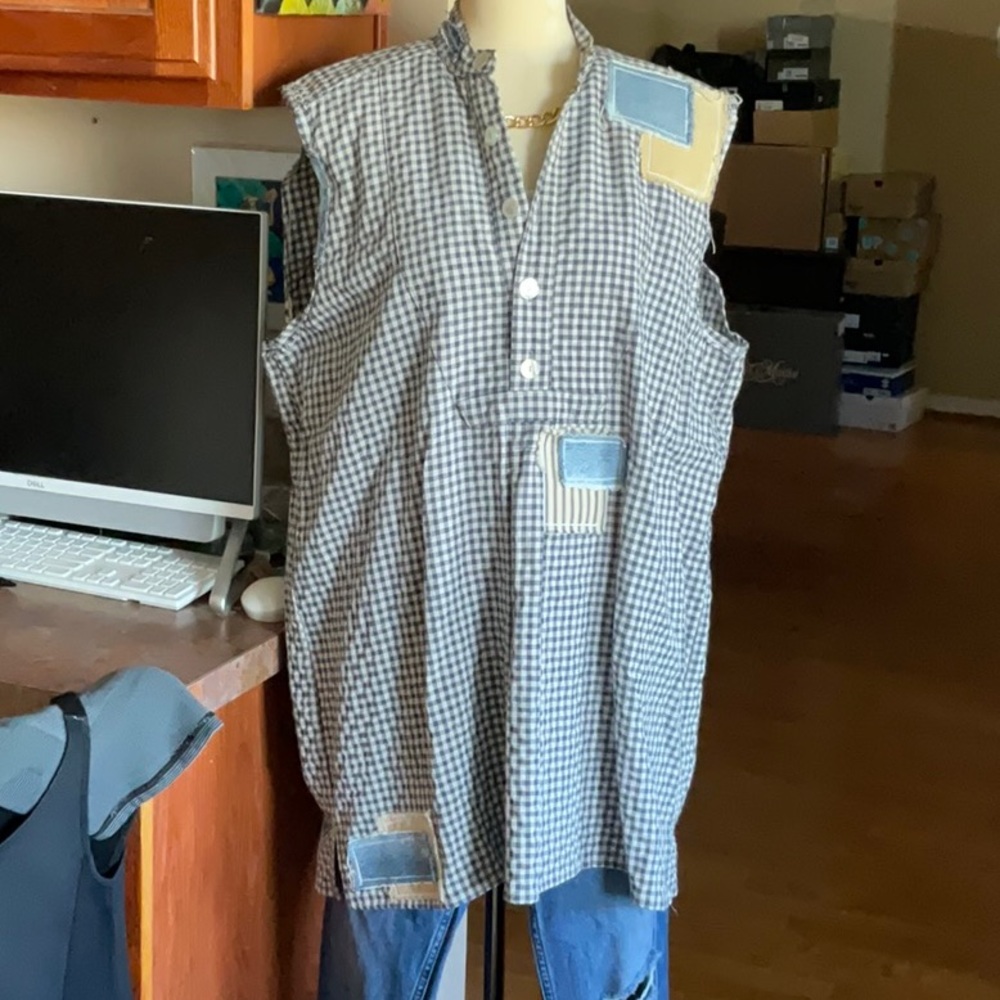 Spellbound Blue Checkered Patchwork Tunic Size L, NWT